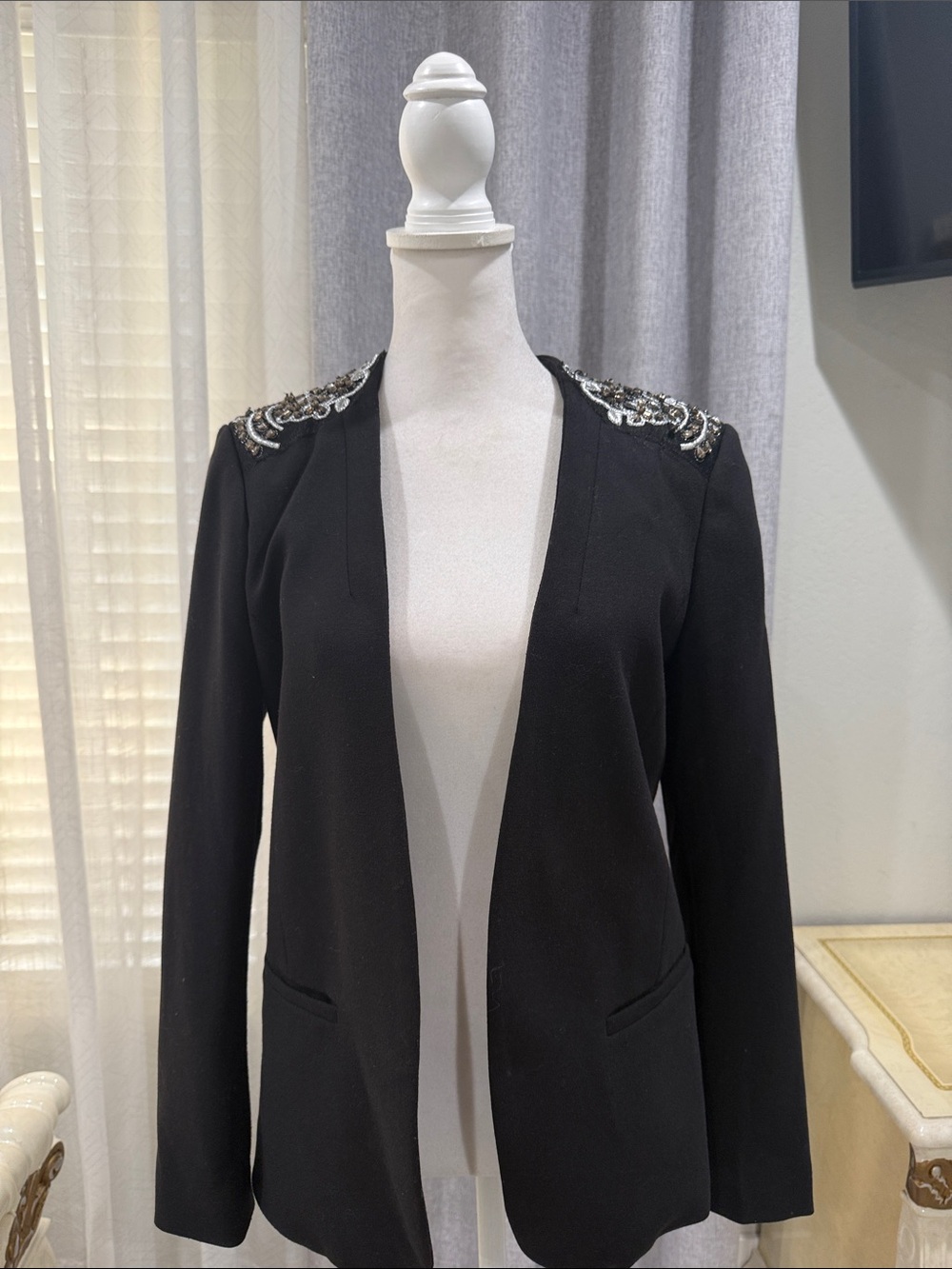 H&M Black Open-Front Blazer with Embellished Shoulders